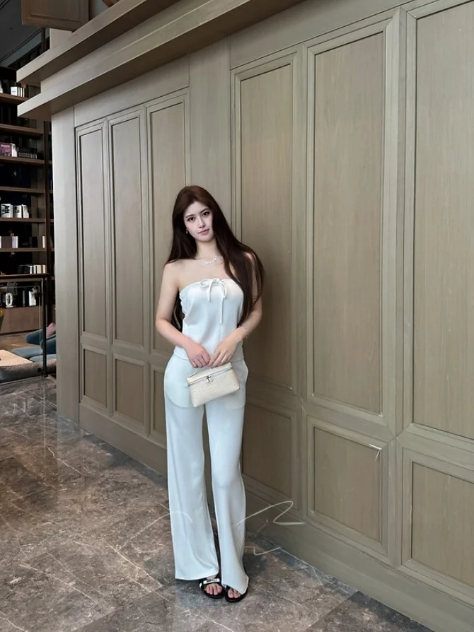 

2026 New Summer Women's High Waist Drawstring Wide Leg Pants Crop Top Two Piece Set Lazy Style Fashionable Casual Outfit