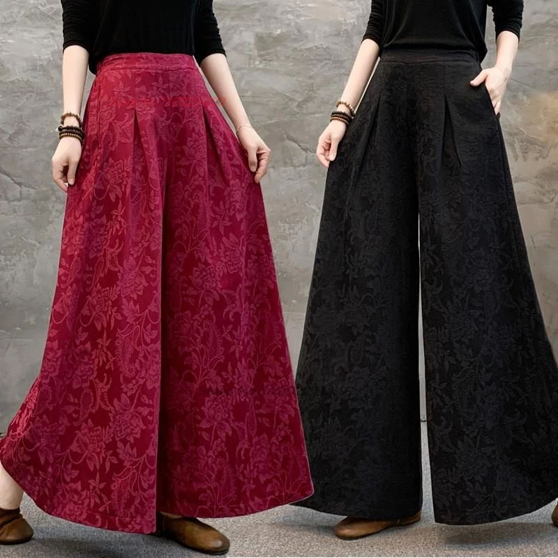 

2025 chinese vintage pants traditional cotton linen jacquard loose pants retro breathable wide leg trousers ethnic folk pants