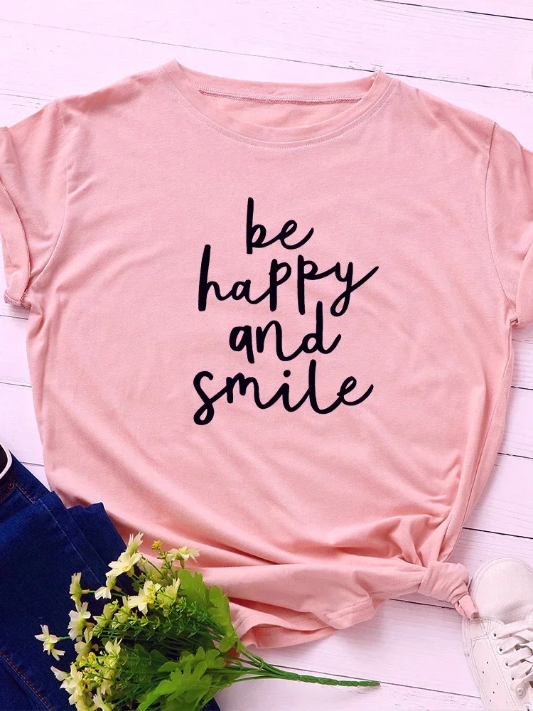 Print Vrouwen T-Shirt Blij Zijn Smile Letter Korte Mouw Met Ronde Hals En Losse Dames T-Shirt Dames T-Shirt Tops Camisetas Mujer