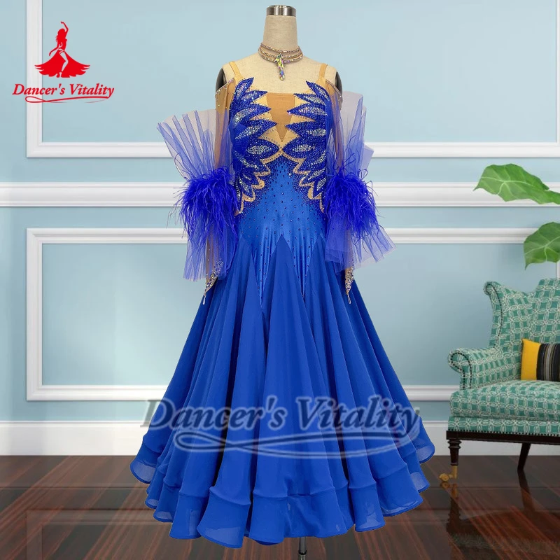 Vestido azul con hombros descubiertos y plumas para baile Social, collar personalizado incluido, vals, ropa elegante para actuaciones y conejistas, vitalidad del bailarina