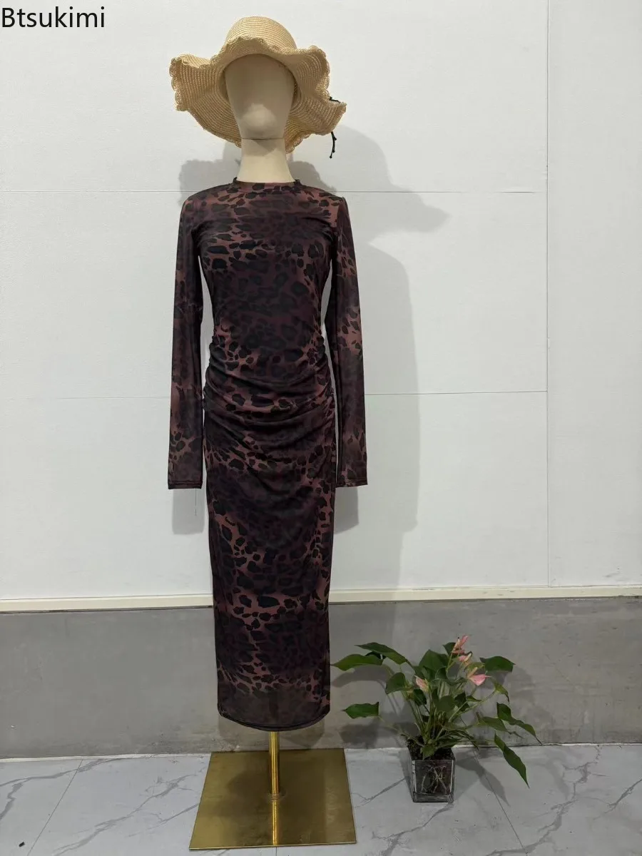 Primavera novas mulheres temperamento o pescoço leopardo impressão midi vestido moda manga longa sexy bodycon vestido senhoras festa clube streetwear