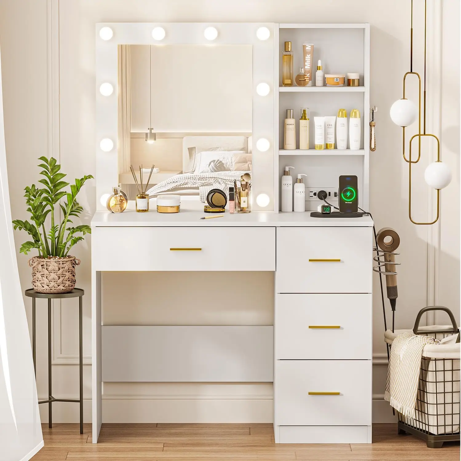 White Vanity Desk with LED Lighted Mirror, Makeup Vanity Desk with 4 Drawers Storage & Power Outlet, 3 Color Modes, 37