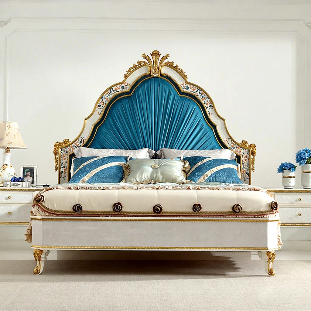 #French Shell Floral Luxury Solid Wood European Style Double/ King Bed Wedding Villa Bedroom Set Fabric