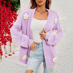 Women's Fashion Casual Overcoat Warm Flower Printing Long Sleeve Open Front Winter Fashion Cardigan Outwear Sweater Coat