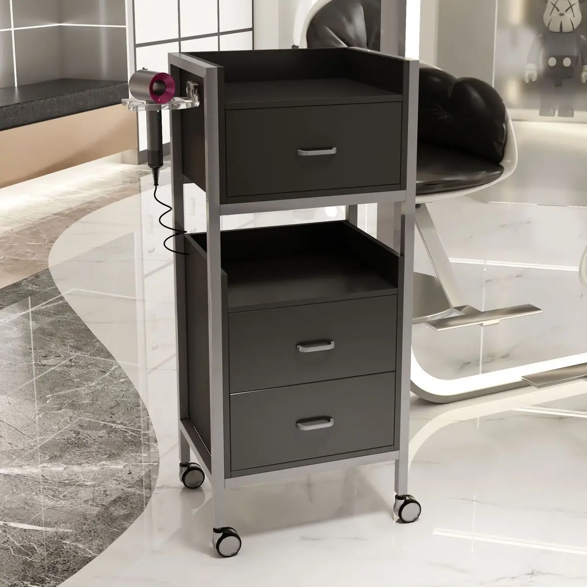 Black Metal-Frame Hairdressing Trolley with Plastic Hairdryer Holder – Suitable for Salons, Living Rooms, and Hotels