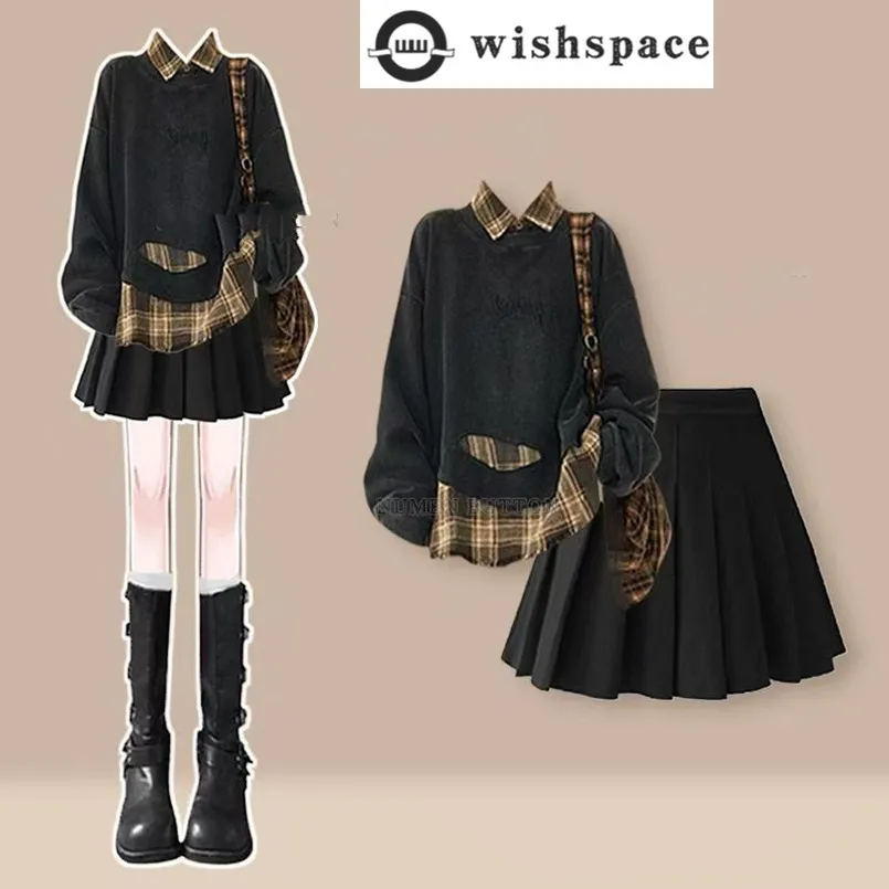 

Fashion suit women's autumn and winter new style retro temperament plaid top slimming pleated short skirt two-piece set