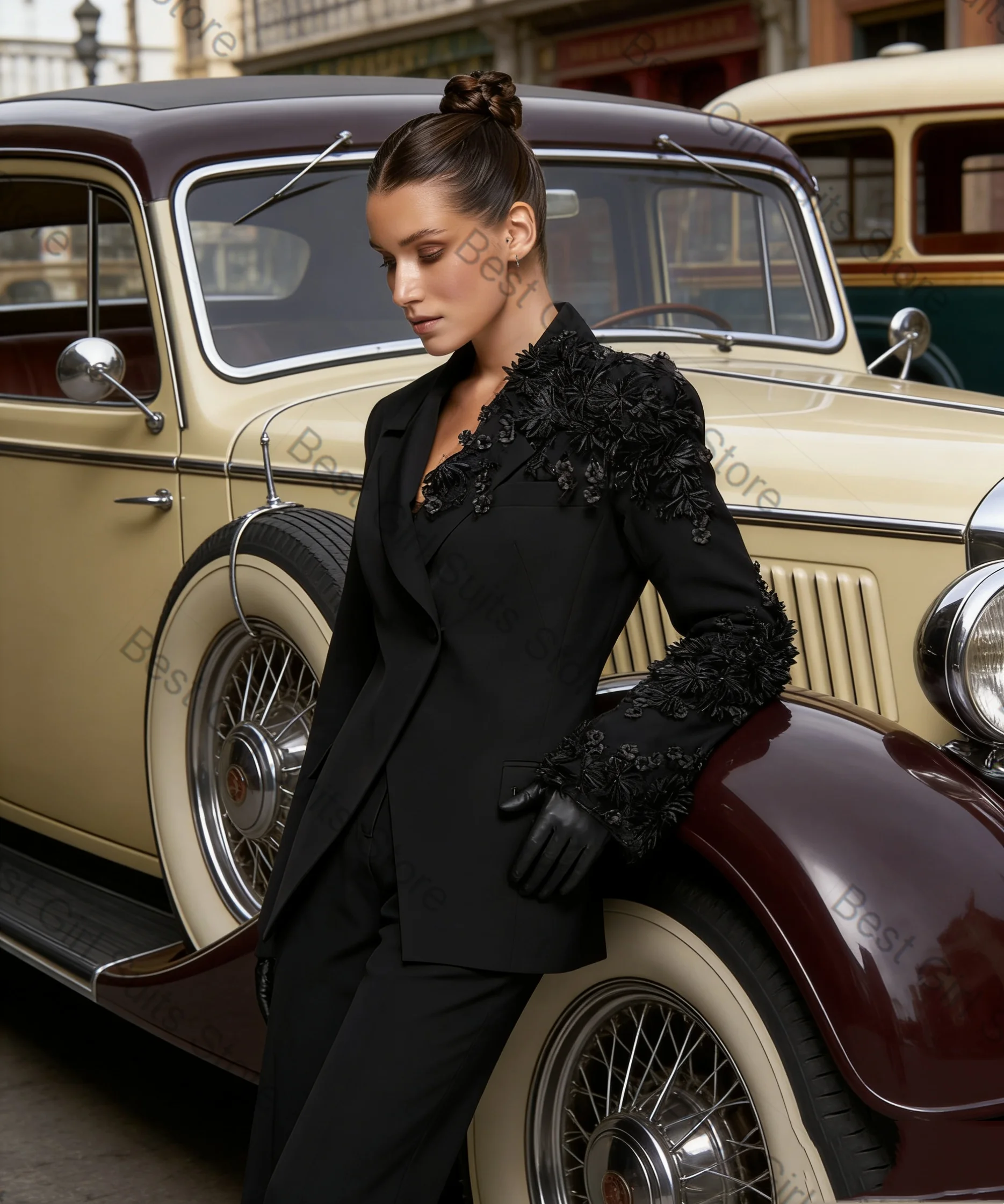 

Black Women Suit Set 2 Piece Blazer+Pants Flower Appliqued Lace Cotton Spring Formal Office Lady Jacket Customized Wedding Coat