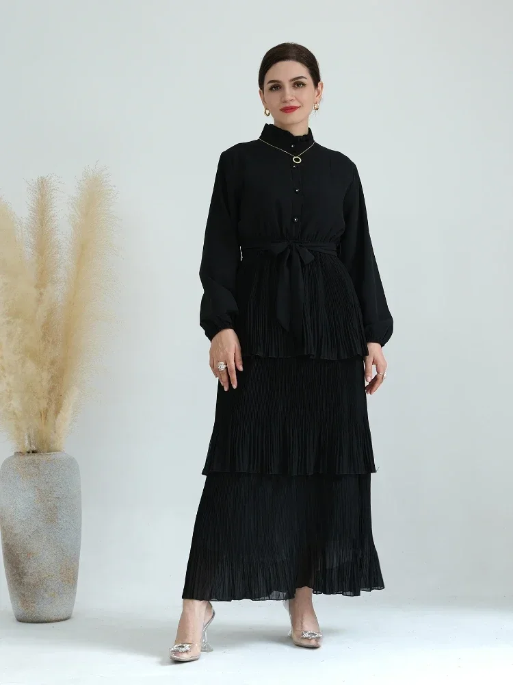 Eid Muslim 3 Layers Cake Dress Women Pleated Abaya Turtleneck Jalabiya Lace-up Morocco Party Dresses Kaftan Vestidos Long Robe