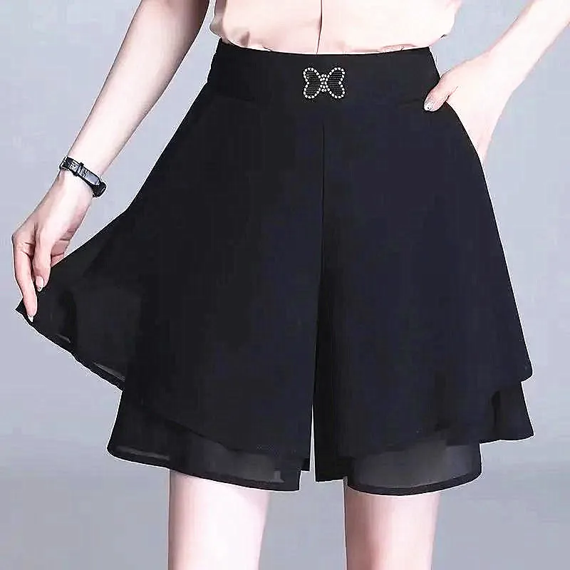 

Chiffon Wide Leg Pants Women New Summer High Waist Slimming Loose Five Quarter Pants Versatile Elastic Waist Thin Pants Skirt