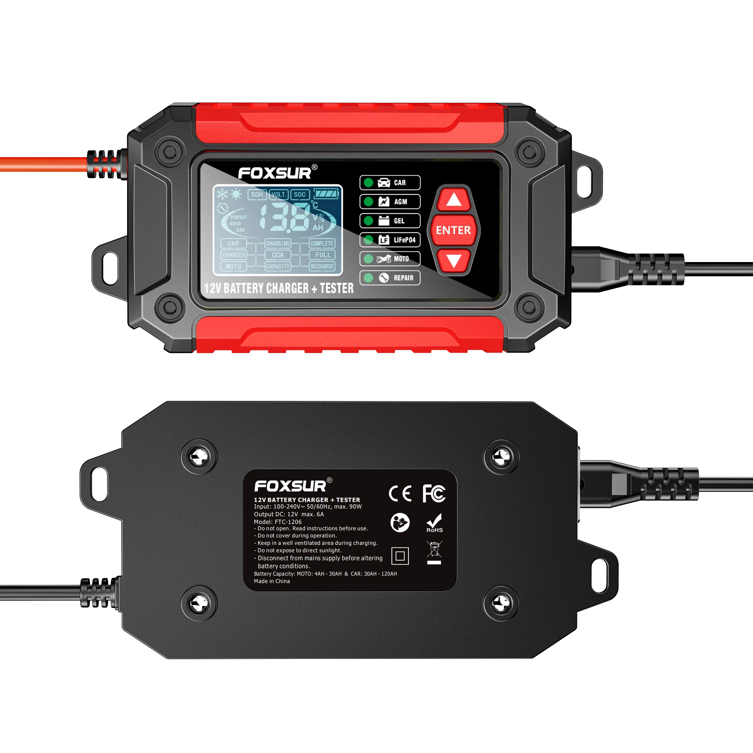 12V6A car motorcycle Battery charger+tester 2-in-1 8-second Fast Detection Lcd Digital Display