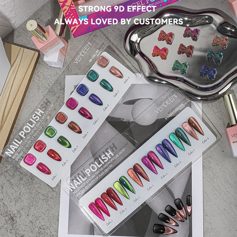 Vendeeni 8Color 9D Magnetic Cat Eye Gel Polish Non Toxic Cat Eye Nail Gel Polish Custom Professional Uv Nail Polish Art Supplies