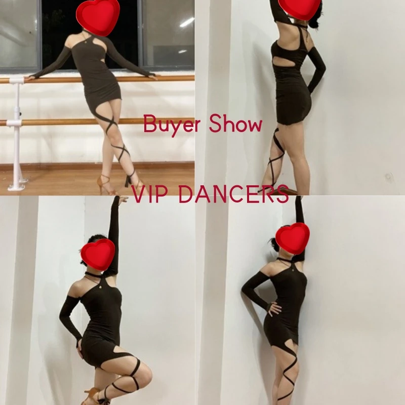 Women Party Evening Dress Sexy Cutout Sleeves Design Lace Up Latin Dance Dress Latin Chacha Rumba Samba Dancing Dresses SL7270