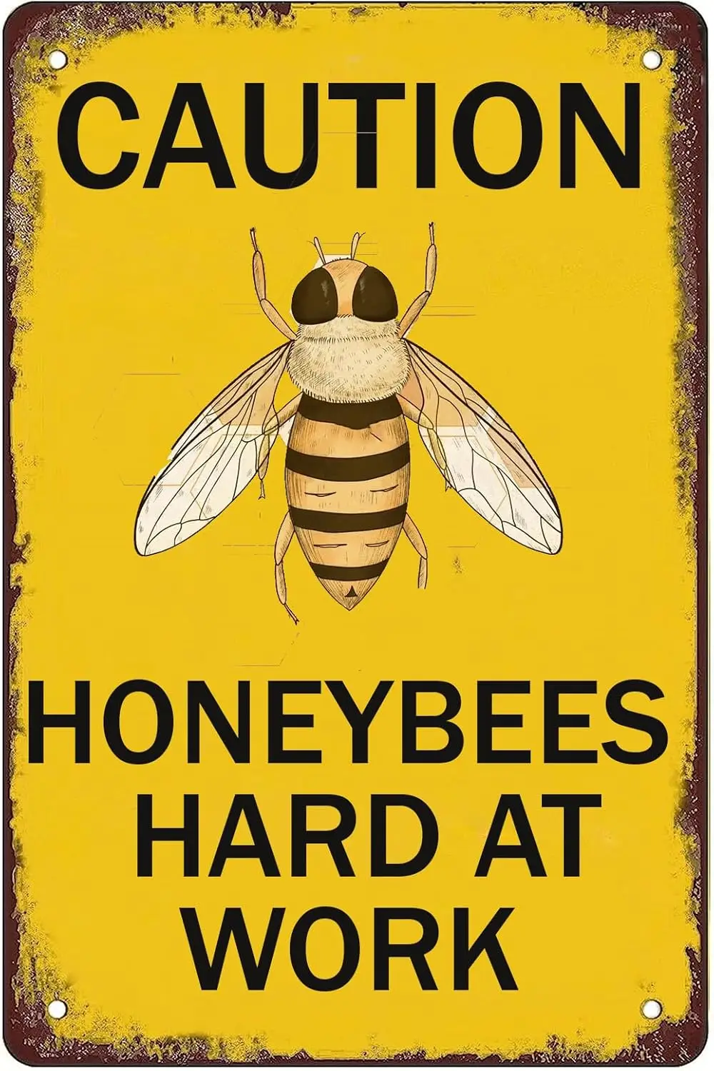 Bee Warning Sign,Caution Honeybees Hard At Work Metal Signs, Funny Bee Wall Decor No Trespassing Tin Poster for Home Garden Yard