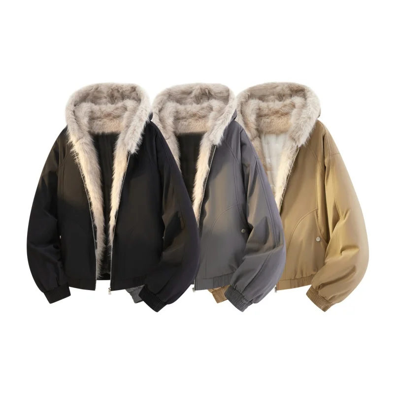 

Winter Warm Clothing New Loose Hooded Cotton Jacket Punk Fur Collar Jacket Couple Men Women Retro Simple Plush Coat Sportswear