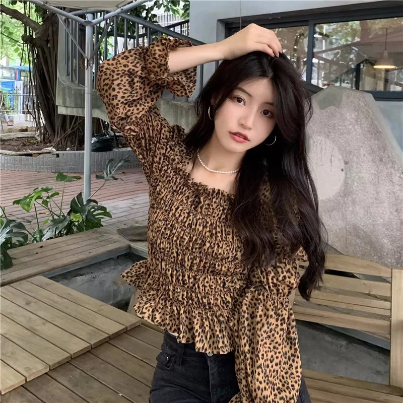 Leopard Print Women Blouse Fashion Elegant Square Neck Shirts Autumn Short Tops Long Sleeve Casual Clothing