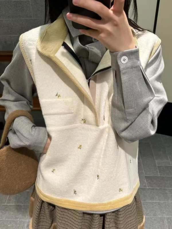 

Loose Fit Embroidered Flower Open Front Vest Outerwear Fashionable Oversize Knitwear Winter Season Women's Fashion