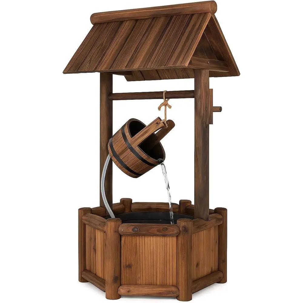 

Outdoor Wishing Well Water ountain, Old-ashioned Wood Waterall ountain w/Bucket Pump, Rustic armhouse Decoration or Garden, Back