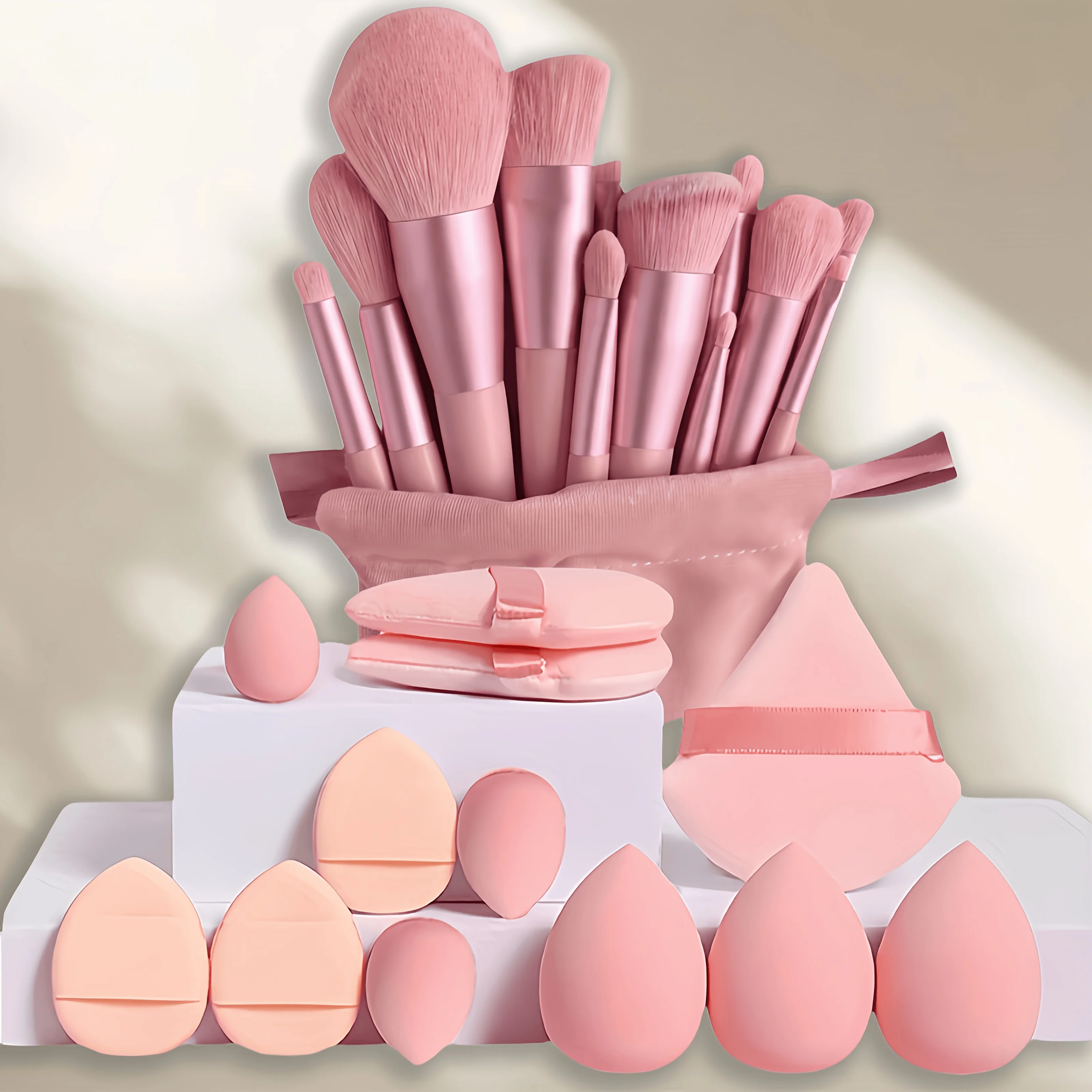 25Pcs Pro Makeup Brush & Sponge Set - 13 Brushes + 12 Hydrophilic Blenders for Liquid/Cream/Powder | Vegan Artist Kit with Pouch