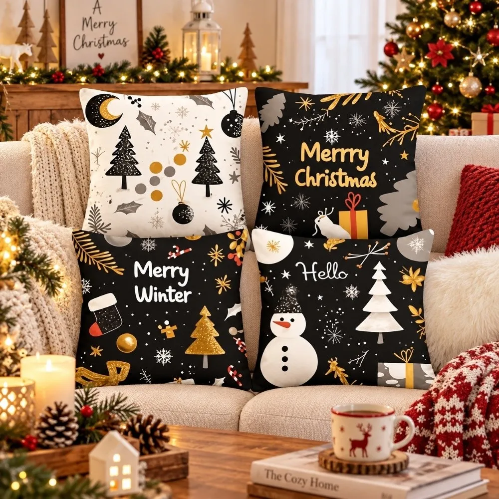 4PCS Reindeer Christmas Pillow Covers Tree Snowflake Dwarf Xmas Pillowslip 2D Flat Pattern Pumpkin Throw Cushion Case
