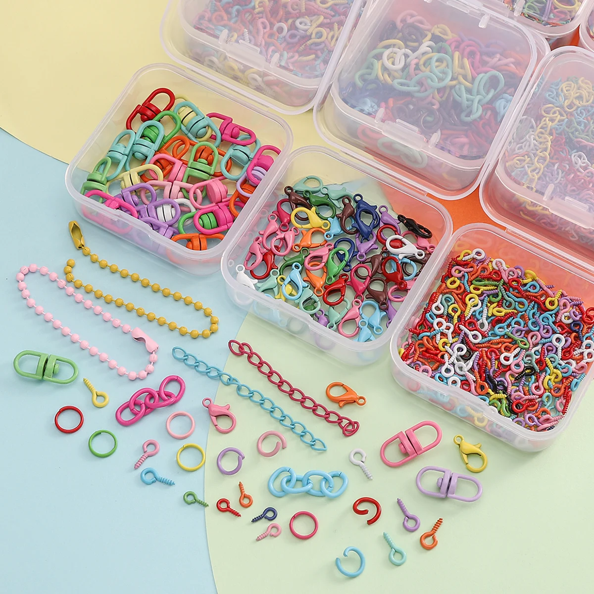 Box Pack Colorful Metal Jewelry Findings Lobster Clasps Open Jump Rings Screw Eye Pins Link Chains Keychains DIY Jewelry Making