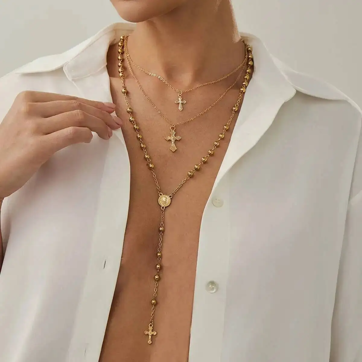 Lacteo Minimalism Vintage Gold Color Cross Pendant Necklace for Men Women Trendy Exquisite Stackable Sweater Chain Charm Jewelry
