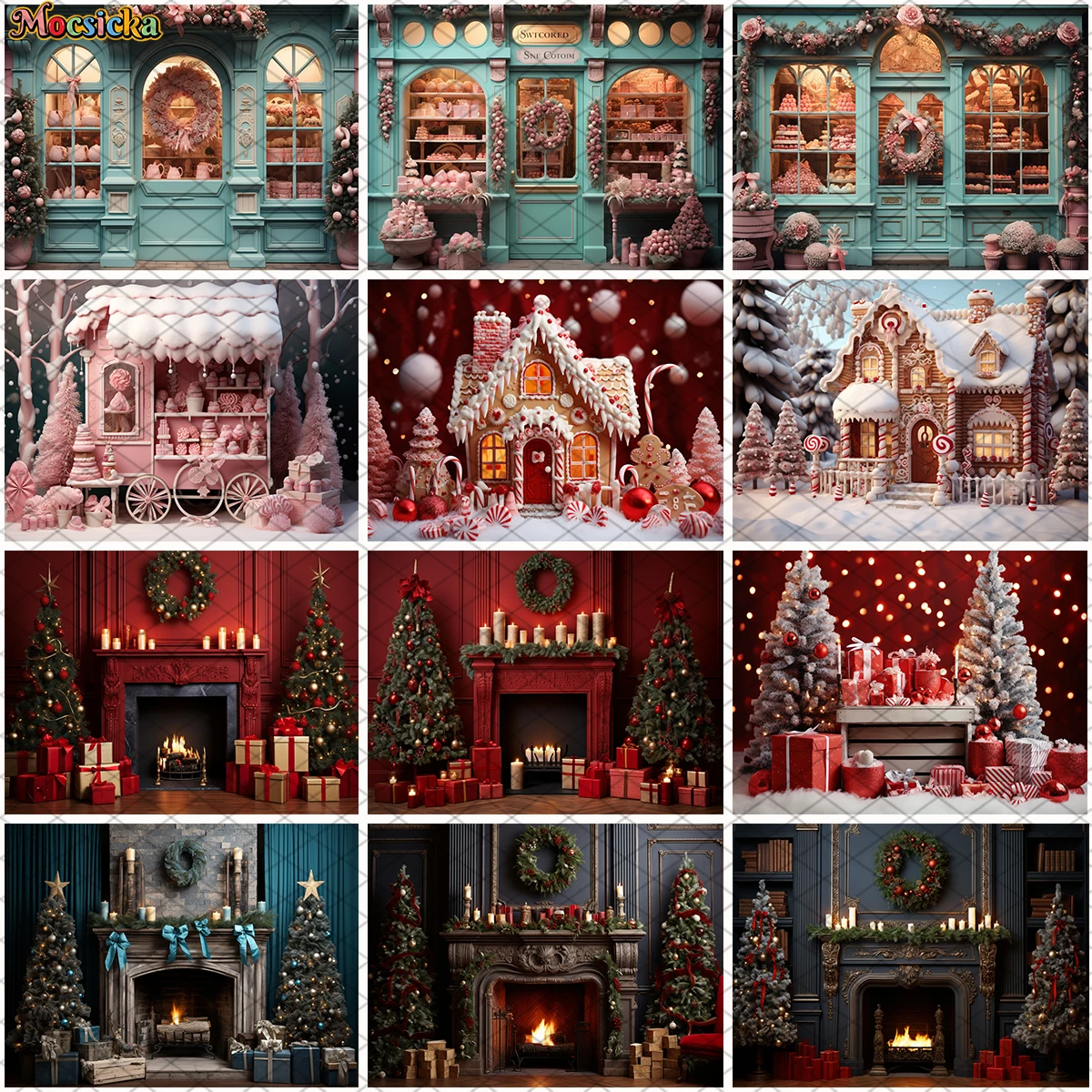 Christmas Candy House Photocall Backdrops Baby Family Portrait Props Photography Xmas Gingerbread Windows Fireplace Background