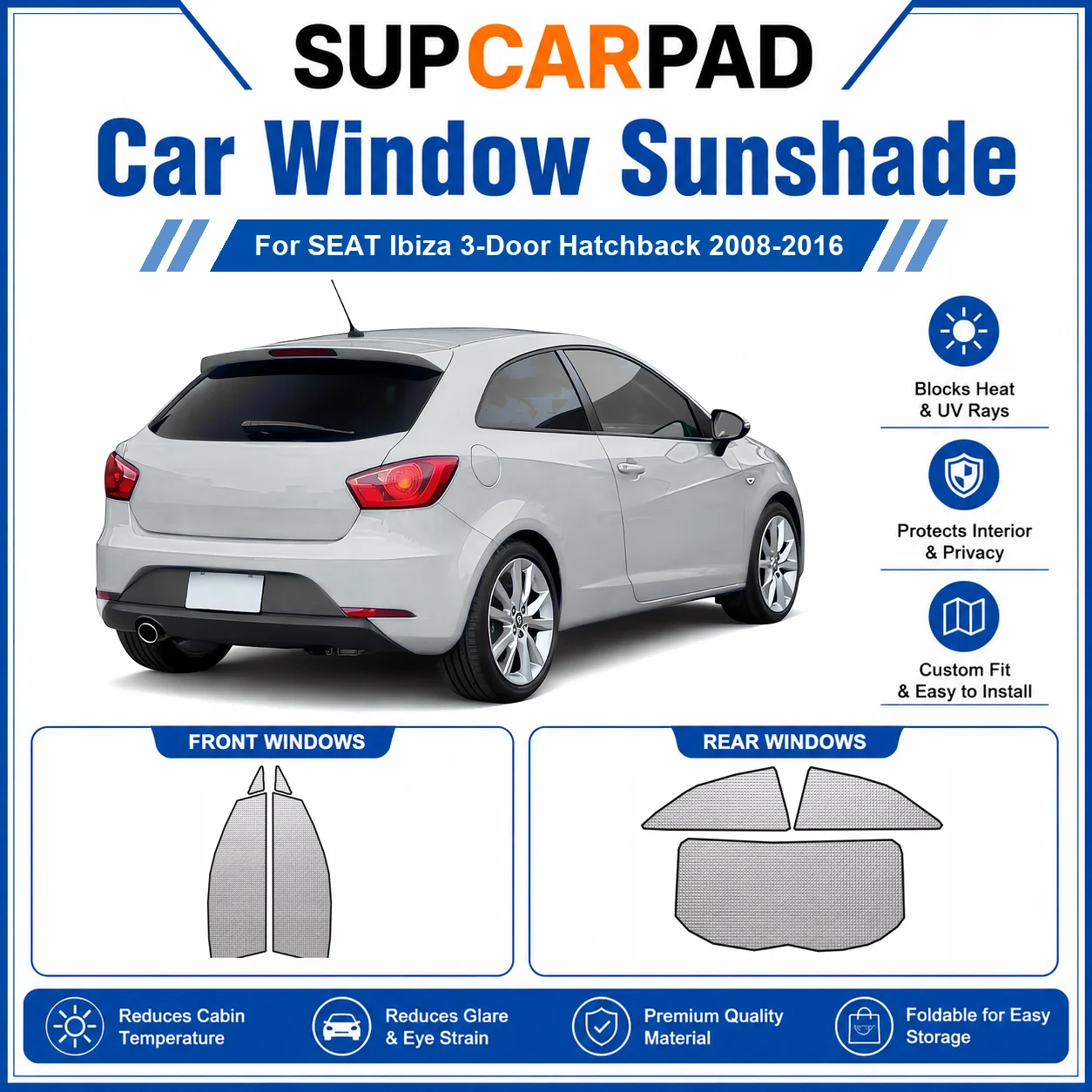 Для SEAT - SEAT Ibiza 3-дверный хэтчбек 2008-2016: Полный комплект солнцезащитных шторок для окон автомобиля, блокирующих УФ-излучение, обеспечивающих конфиденциальность, теплоизоляцию, складные автомобильные шторки.