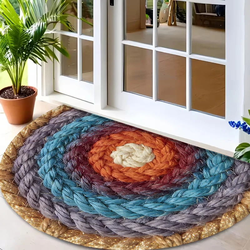 Colorful Braided Rope Concentric Circles Gold Edge Semi Circle Doormat For Rustic Entryway Non Slip Welcome Floor Mat Accent