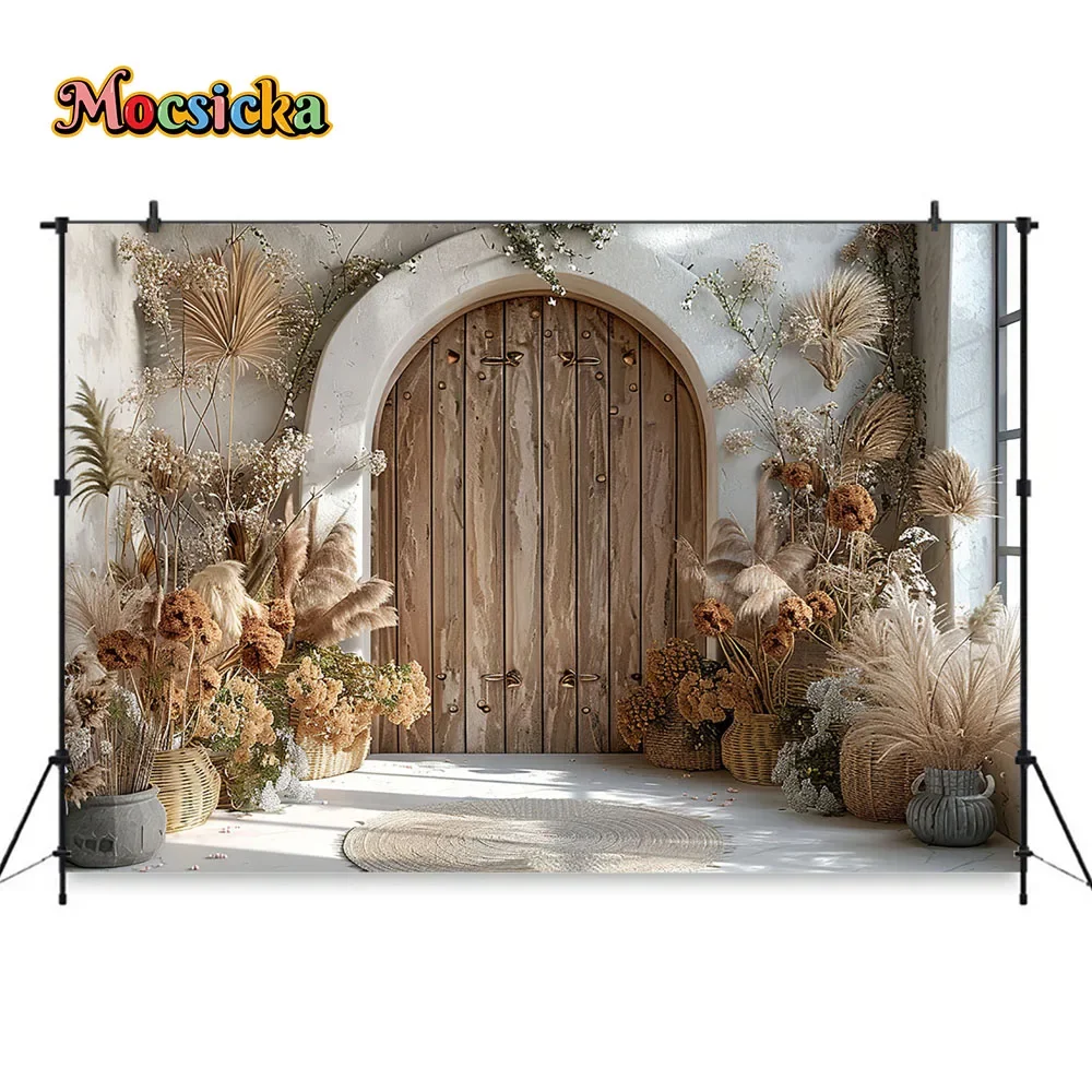 Brown Wooden Door Photography Background Family Photo Retro White Wall Booth Backdrop Bohemian Hay Decor Interior Studio Prop