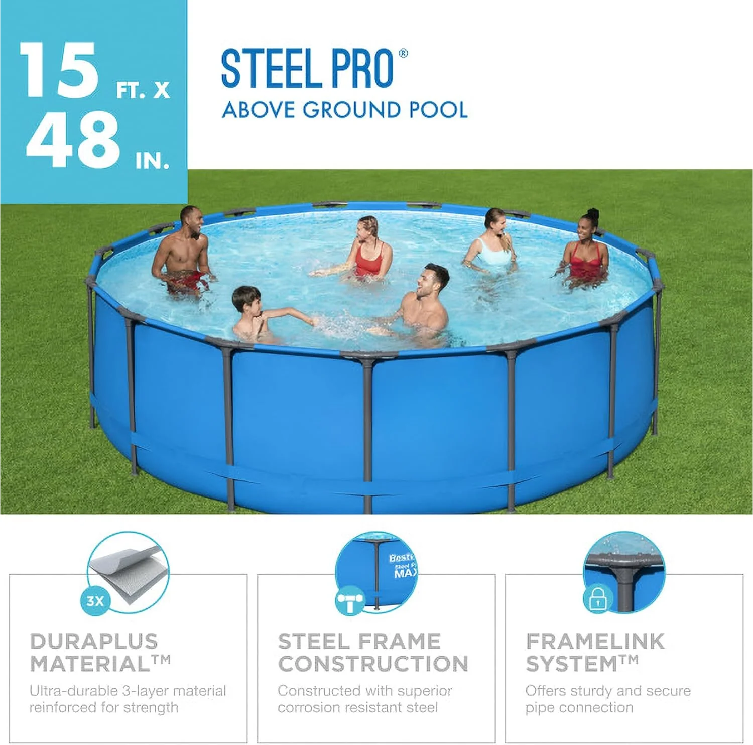 

15 x 48 Round Steel Frame Above Ground Outdoor Swimming Pool Outdoor Metal Frame with Heavy Duty Repair Patch, Blue