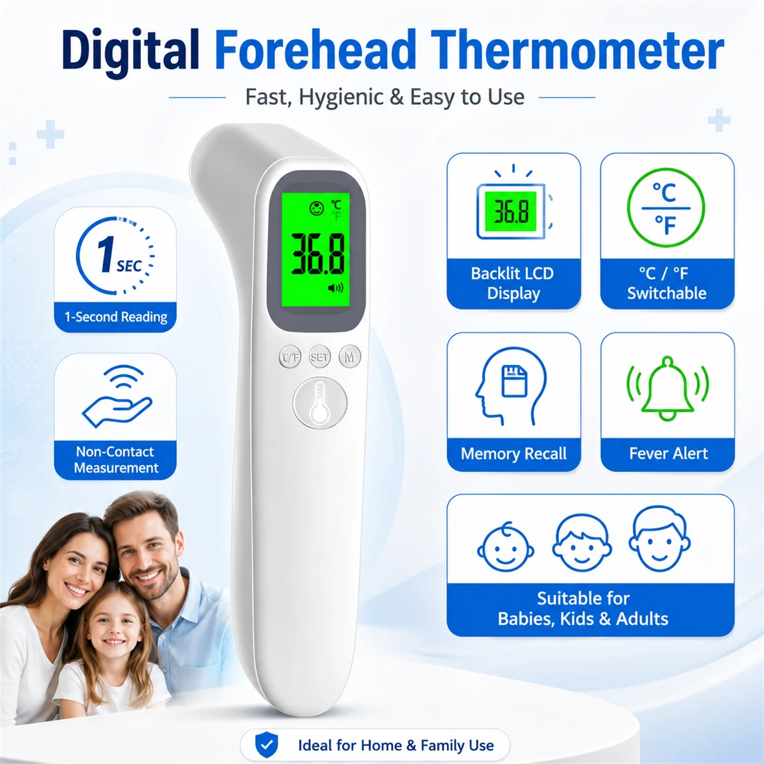 Non-Contact Infrared Forehead Thermometer,Portable Digital IR Thermometer Fast Readings,Home Medical Temperature Measuring Devic
