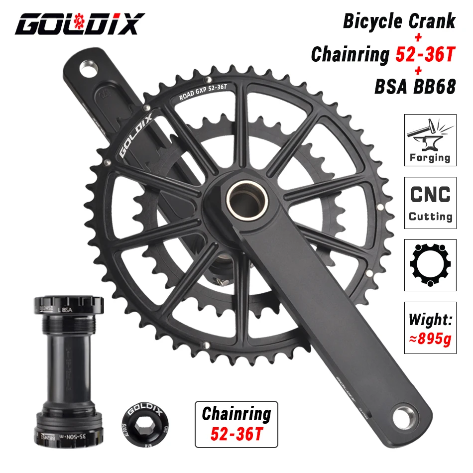 GOLDIX Rennrad-Kurbelgarnitur, 165/170/172,5/175 mm Länge, Aluminiumlegierung, geschmiedete Fahrradkurbel, Doppelkettenblatt, 50–34 Zähne/52–36 Zähne/53–39 Zähne
