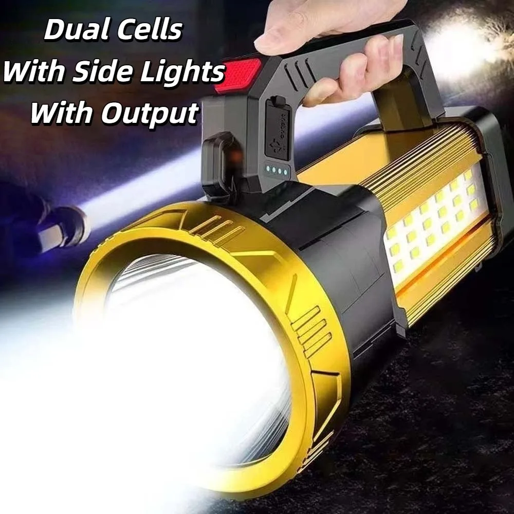 Anti-splash Water Camping Searchlight with Side Lights Dimmable Handheld Spotlight USB Rechargeable LED