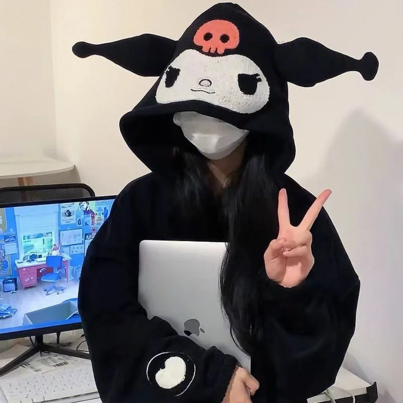 Sanrio Kuromi-Sudadera con capucha y cremallera para mujer, cárdigan de terciopelo Kawaii Y2k, abrigo de estilo Campus con cremallera, ropa gruesa