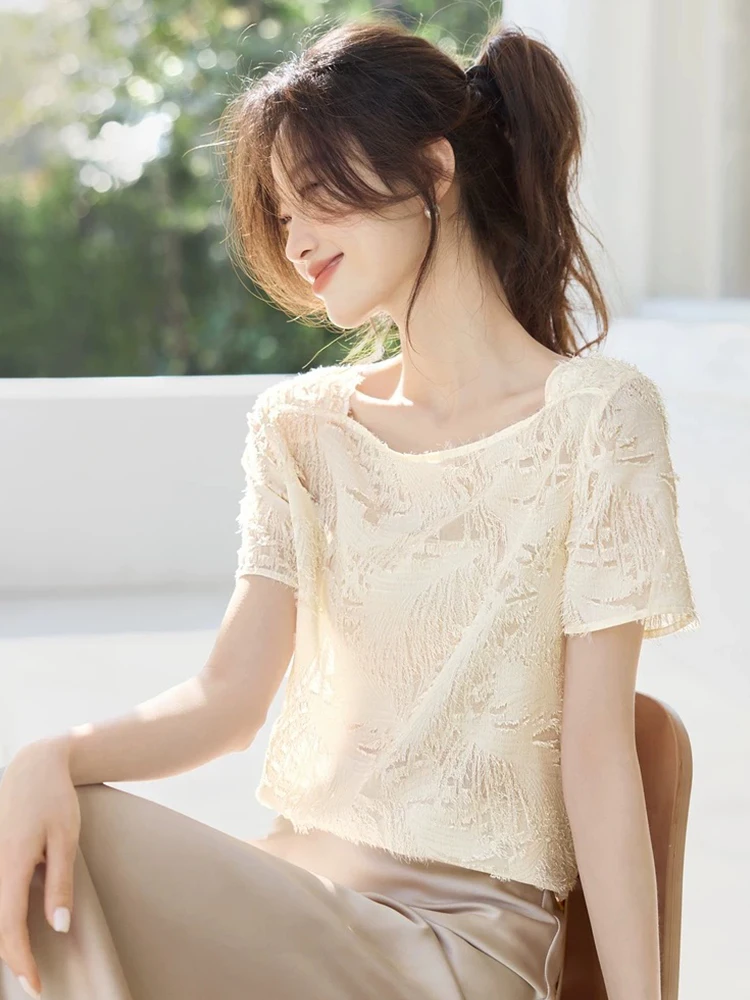 

Faionable ort Sve Crew Ne T-irt Skin-friendly Fringed Texture Breathable Summer Top Women's Hanfu Straight Cut