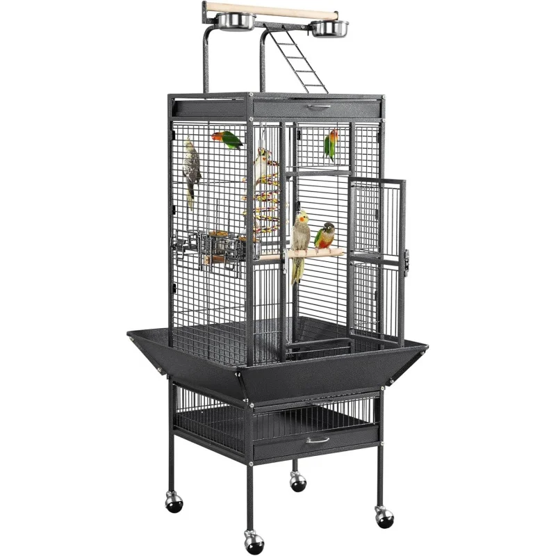 

61-inch Wrought Iron Large Parrot Bird Cage with Rolling Stand, Cockatiels, Parrot, Conure
