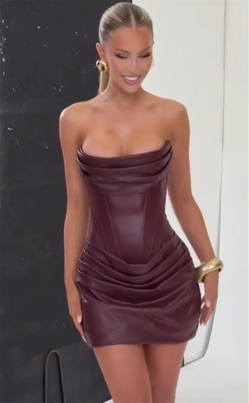 

Платье для выпускного вечера из искусственной кожи, сексуальное платье без бретелек без рукавов со шнуровкой сзади, вечерние свадебные халаты для гостей, короткое мини-вечернее свадебное платье