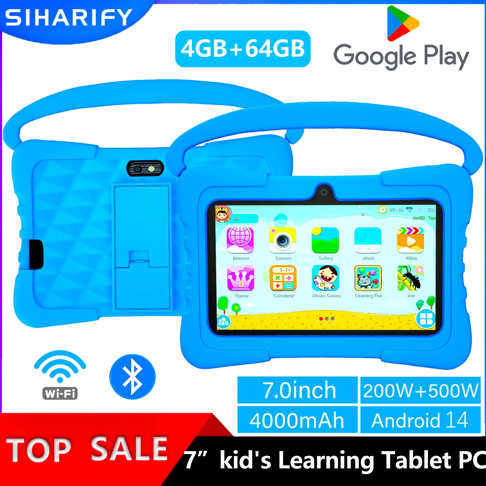 

7-дюймовый детский планшет для детей, лучший подарок, четырехъядерный процессор, 4 ГБ+64 ГБ ROM, планшеты на Android, портативный, с защитным чехлом для детей