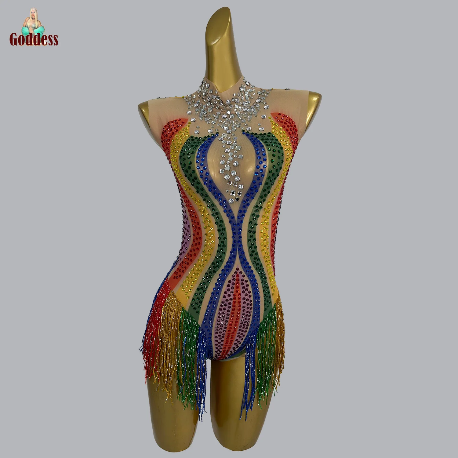 

Fancy Rhinestones Tassel Bodysuit Sexy See Through Mesh Dance Costume Women Leotard Nightclub Party Birthday Show Stage Bodysuit