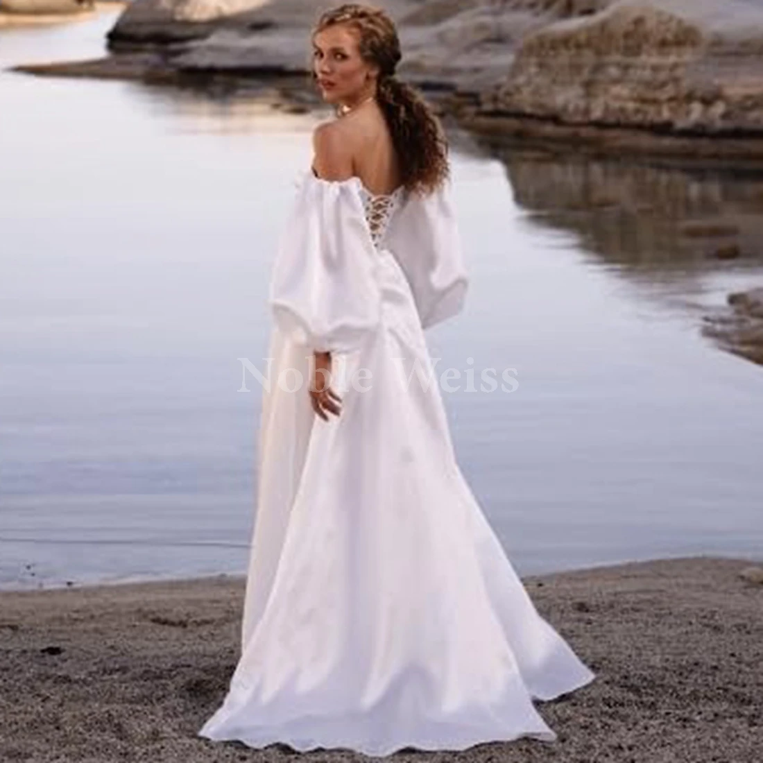 Abito da ballo in organza con spalle scoperte Abito da sposa con maniche a sbuffo per abiti da sera formali a maniche lunghe da sposa con spacco personalizzato