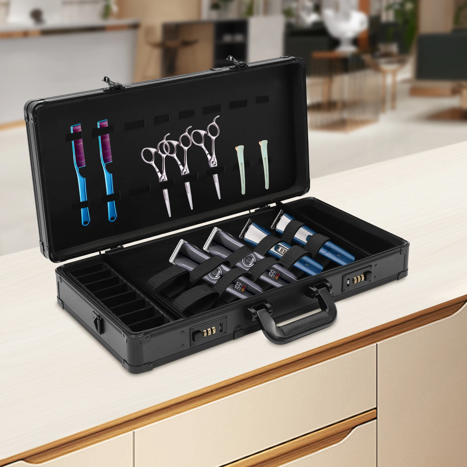 Large Barber Carrying Case with Code Lock, Hairdresser Tool Box Organizer Traveling Case, Portable Travel Barber Suitcase
