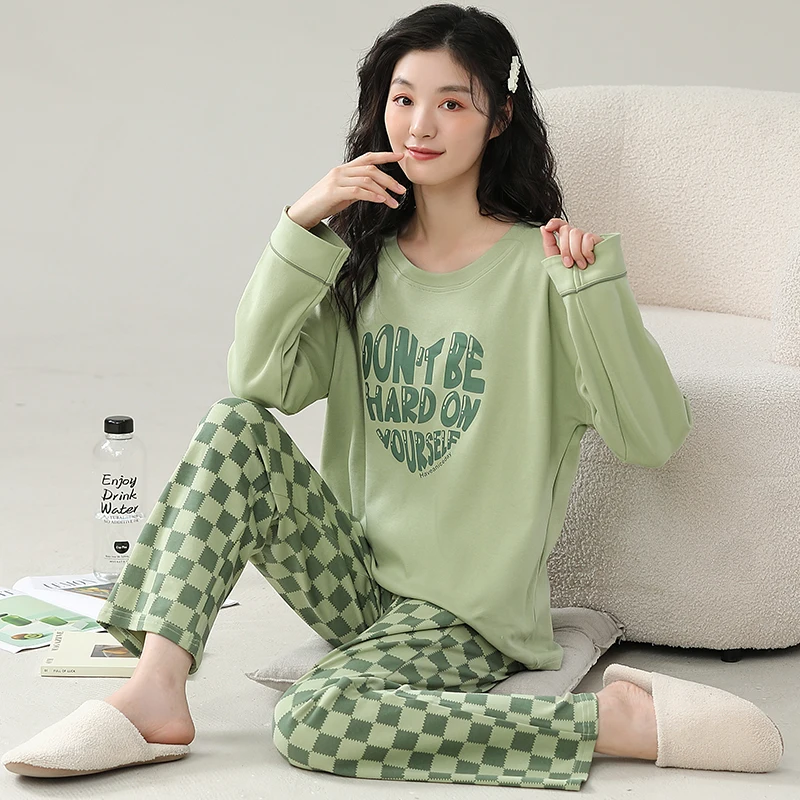 Green Plaid Pajamas Cute Casual Sleepwear Long Sleeves Long Pants Autumn Winter Kawaii Pyjamas Cozy Pijamas Soft Nighty Lady Pjs