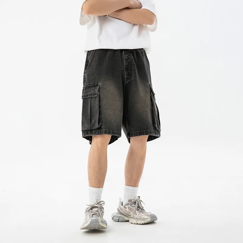 

Denim Shorts Ripped Men Knee Length Shorts Washed Holes Distressed Solid Straight Jeans Spliced Pockets Loose Vintage Summer