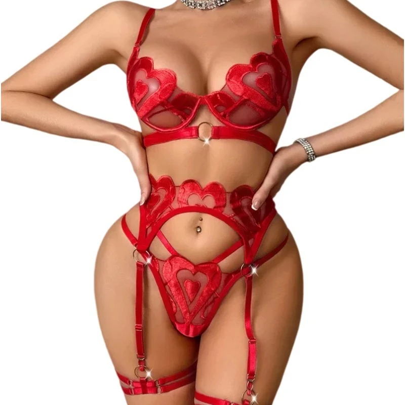 

Sexy Red Love Heart Embroidery Lingerie Sets for Women See Through Sensual Underwear 2 Pieces Lace Bra and Panties Garters Belt