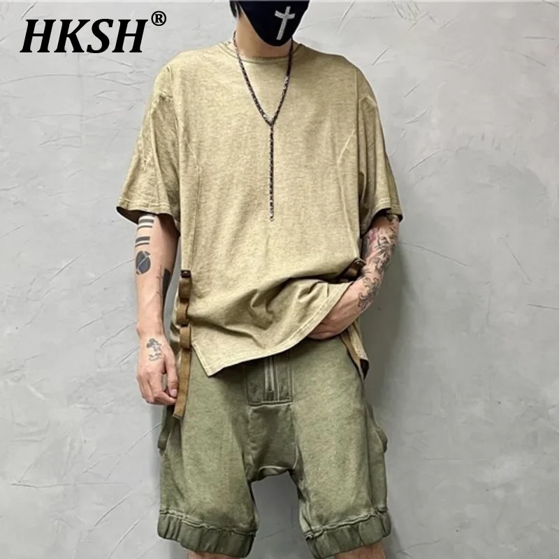 

HKSH Men's Cotton Waste Land Vintage Chic Punk Half Sleeve T-shirt High Sense Retro 3D Cut Deconstructed Trend Short Tees HK1119