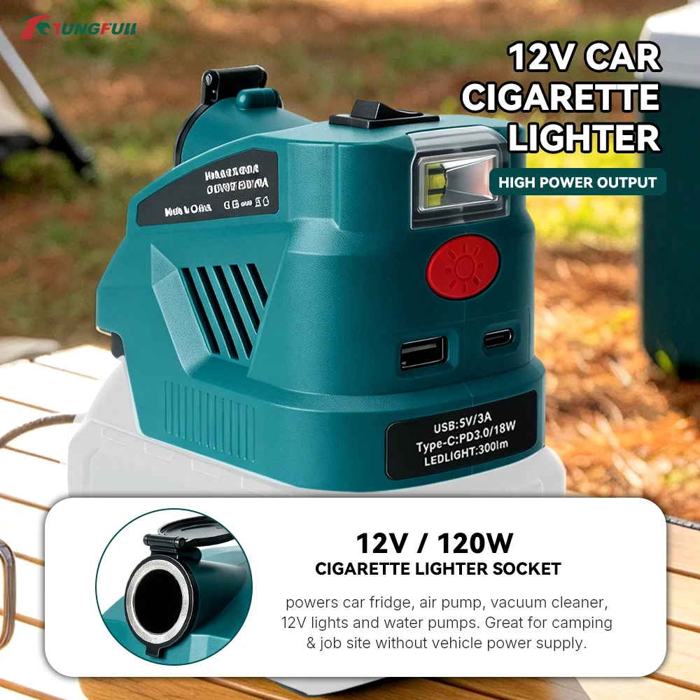 For Makita/DeWalt/Milwaukee 18/20V Batteries with USB&Type-C Port Cigarette Lighter DC 12V Step-Down Regulated Converter for DIY