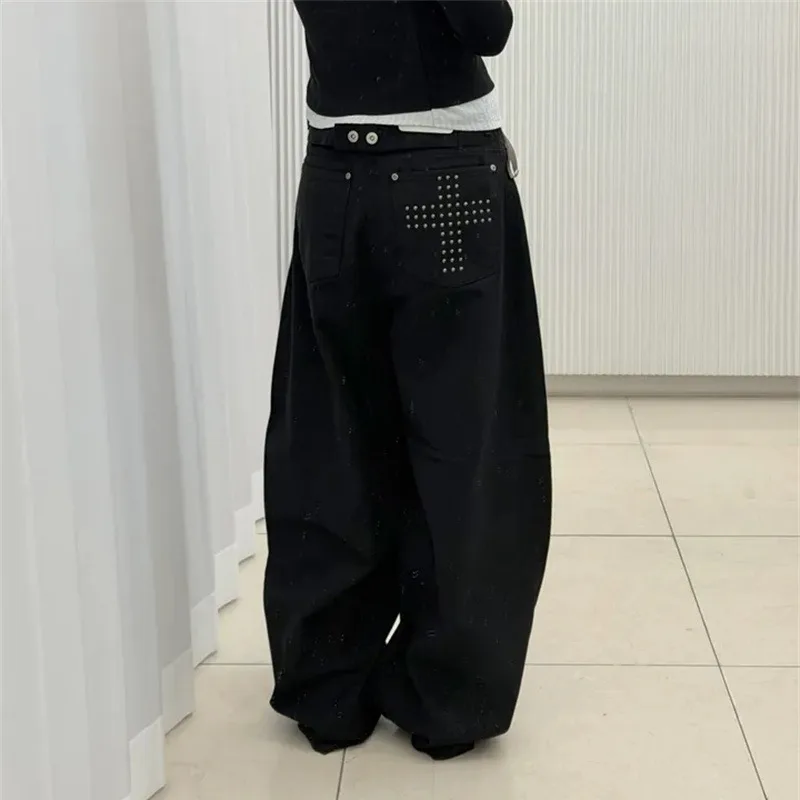 Loose Cross Blade Casual Pants High Waist Wide Leg Jeans Asymmetric Washed Cotton Non-Stretch Comfortable Casual Wear