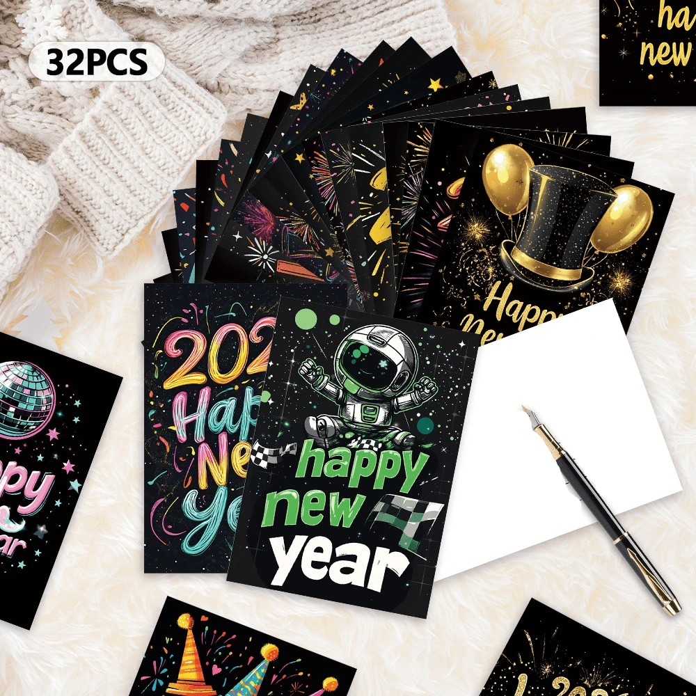 32pcs Happy New Year 2026 Black Gold Cool Postcards, New Year Gifts, Christmas Gifts, Living Room Decoration Cards