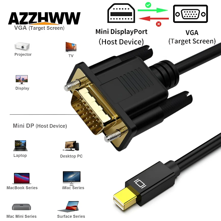 Mini DisplayPort to VGA Cable 1.8M Mini DisplayPort to VGA Cable (Thunderbolt 2 Compatible) For MacBook Air/Pro Surface Pro/Dock