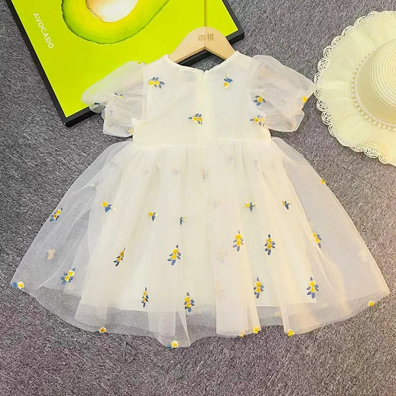 Girls Summer Dress Western Style Princess Skirt Mesh Dress Floral Skirt Girls Sweet Lace Pommel Skirt Children Knee-Length Skirt